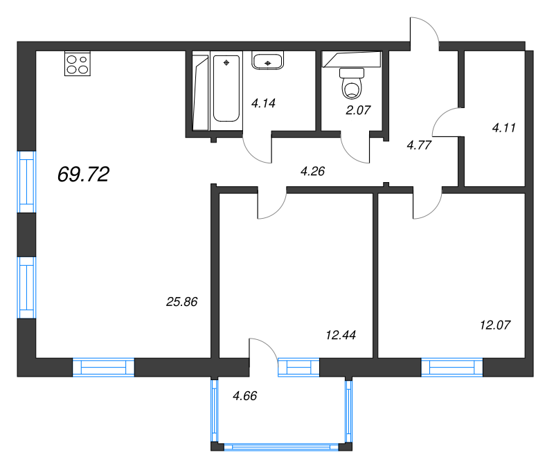 3-комнатная (Евро) квартира, 69.72 м² - планировка, фото №1