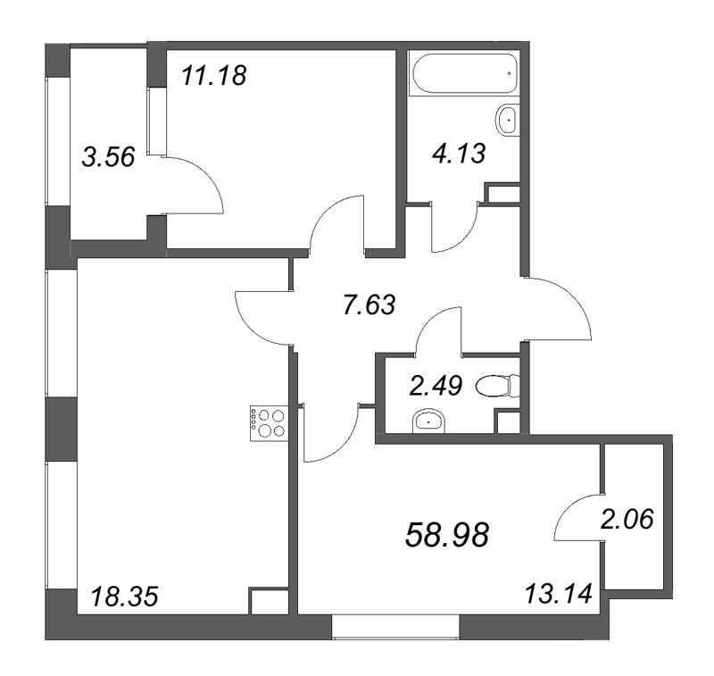 3-комнатная (Евро) квартира, 58.98 м² в ЖК "Дом на Курской" - планировка, фото №1