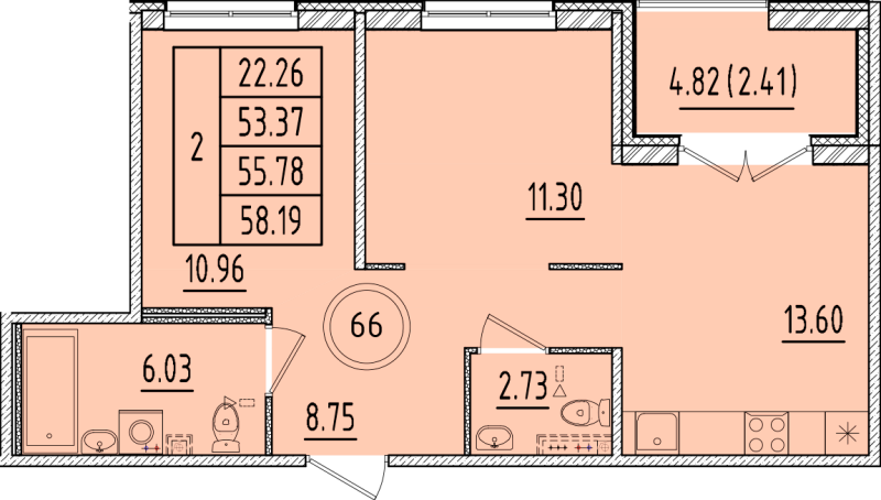 2-комнатная квартира, 53.37 м² - планировка, фото №1