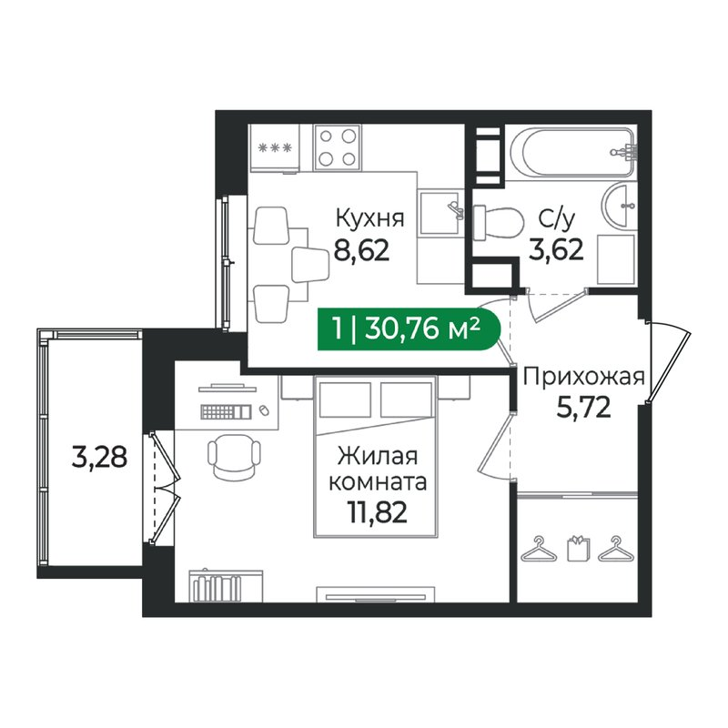 1-комнатная квартира, 30.76 м² в ЖК "Сертолово Парк" - планировка, фото №1