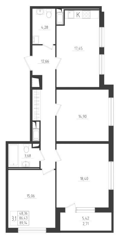 4-комнатная (Евро) квартира, 89.14 м² - планировка, фото №1
