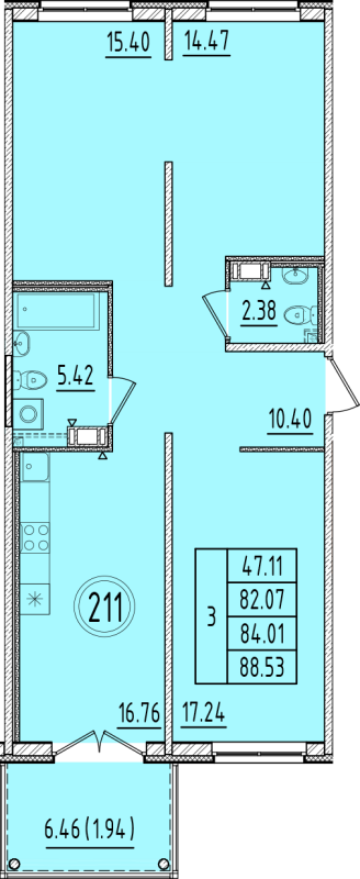 4-комнатная (Евро) квартира, 82.07 м² в ЖК "Образцовый квартал 6.4" - планировка, фото №1
