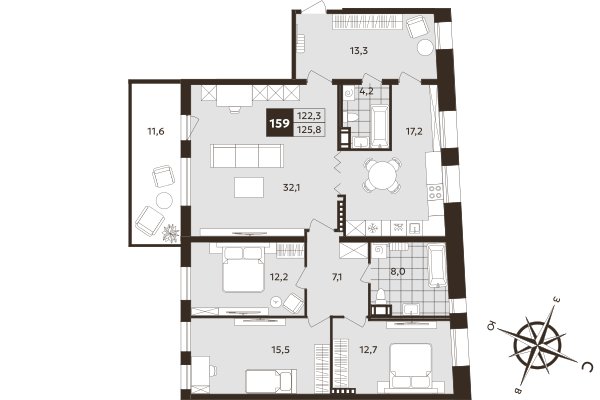 4-комнатная (Евро) квартира, 122.3 м² в ЖК "Дом на Бронницкой" - планировка, фото №1