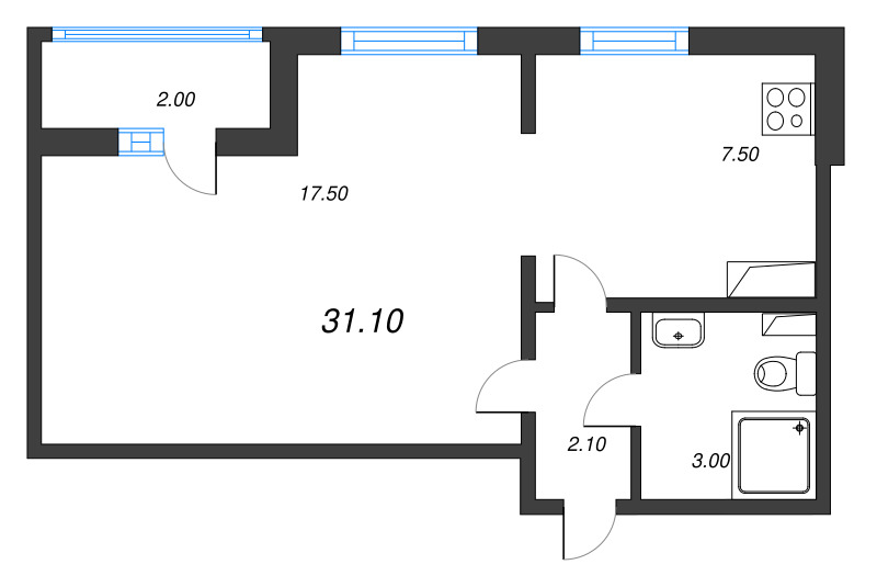 1-комнатная квартира, 31.1 м² - планировка, фото №1