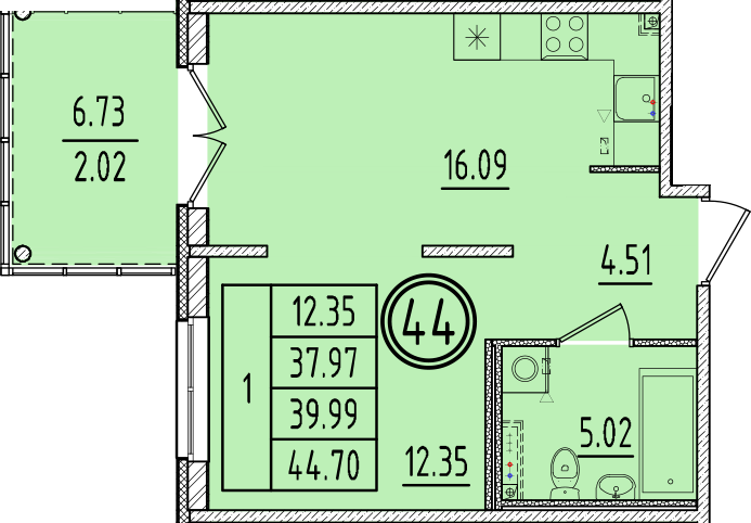 2-комнатная (Евро) квартира, 37.97 м² в ЖК "Образцовый квартал 6.4" - планировка, фото №1