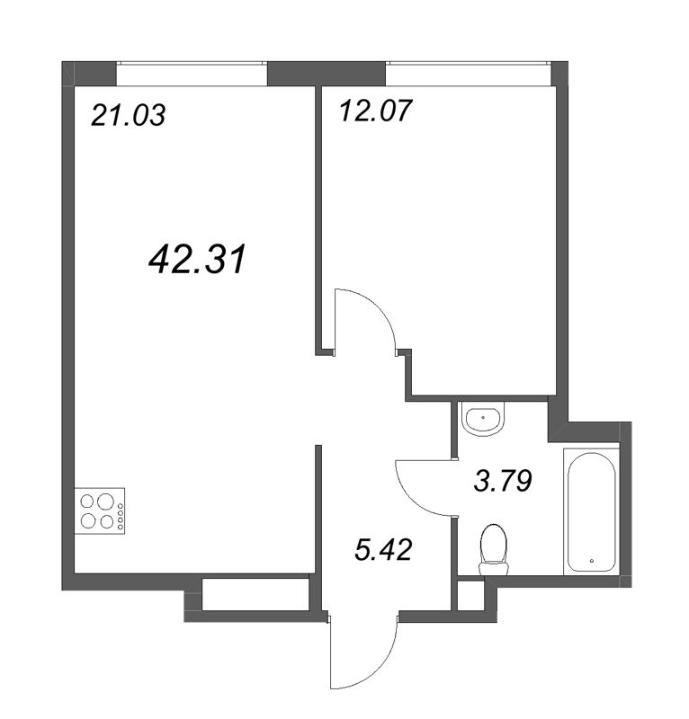 2-комнатная (Евро) квартира, 42.31 м² - планировка, фото №1
