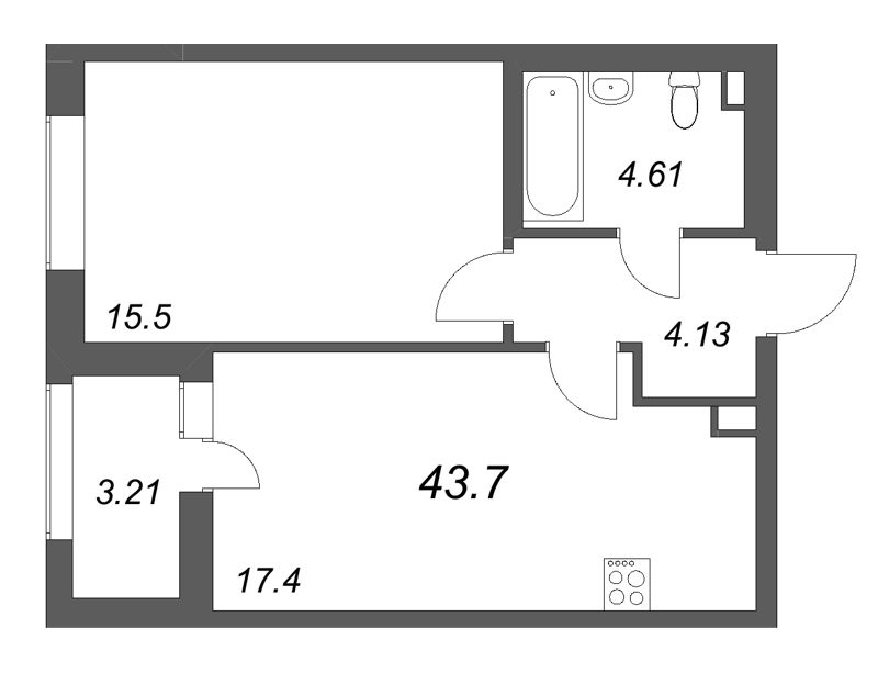 2-комнатная (Евро) квартира, 43.7 м² в ЖК "Аквилон Солар" - планировка, фото №1
