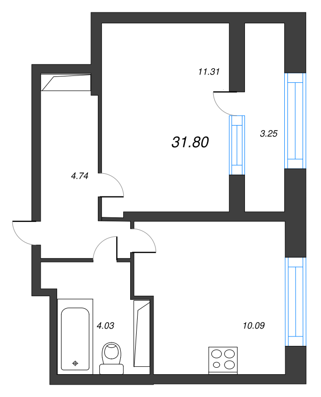 1-комнатная квартира, 31.8 м² в ЖК "БелАрт" - планировка, фото №1