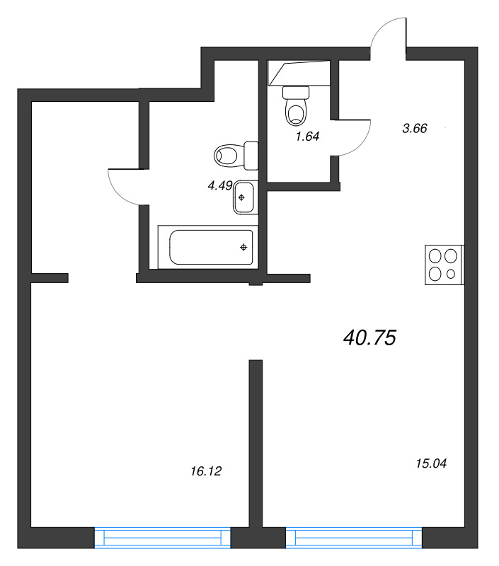 2-комнатная (Евро) квартира, 39.9 м² в ЖК "Новая Земля" - планировка, фото №1