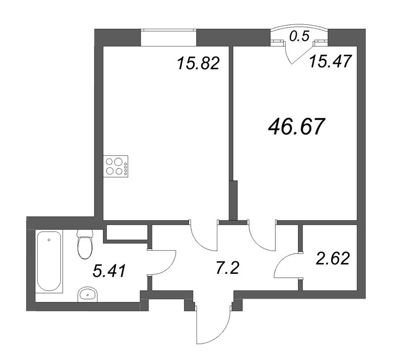 2-комнатная (Евро) квартира, 46.67 м² - планировка, фото №1