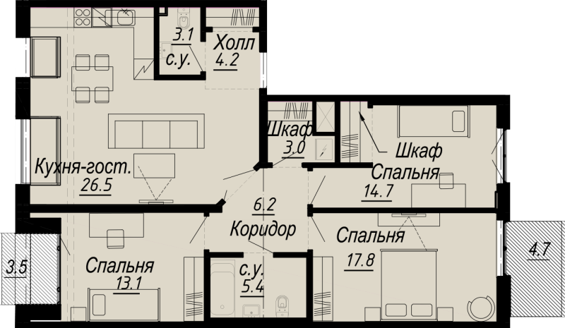 4-комнатная (Евро) квартира, 96.5 м² - планировка, фото №1