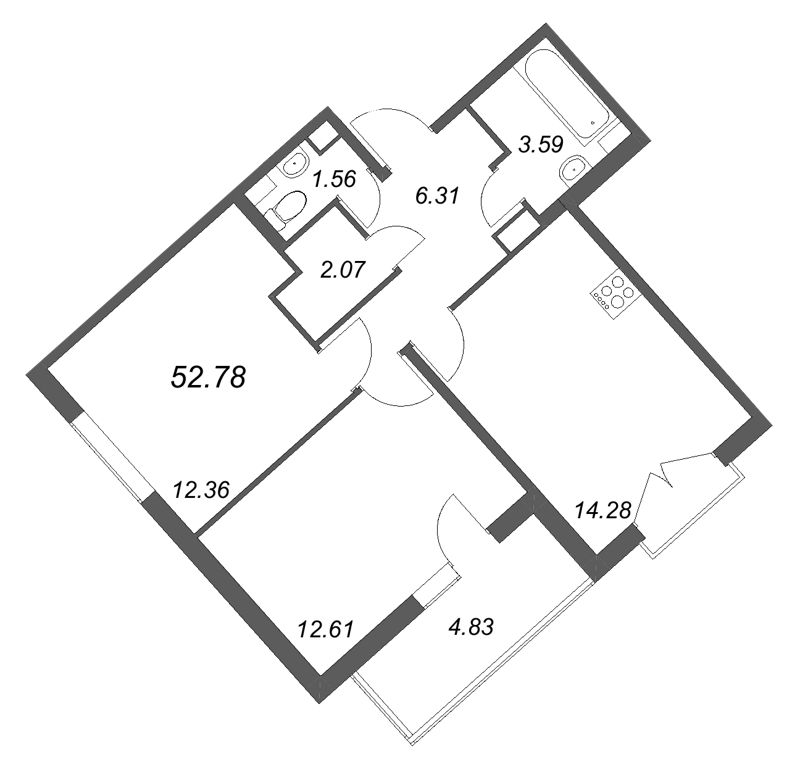 2-комнатная квартира, 52.78 м² в ЖК "Любоград" - планировка, фото №1