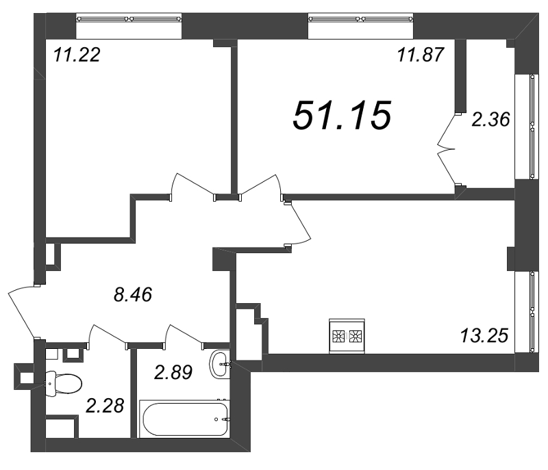 2-комнатная квартира, 51.15 м² - планировка, фото №1