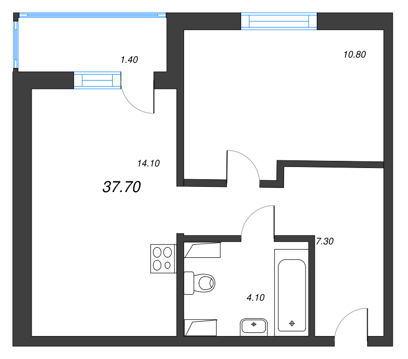 1-комнатная квартира, 37.6 м² в ЖК "Ветер перемен 2" - планировка, фото №1