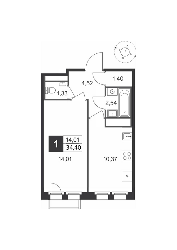 1-комнатная квартира, 34.4 м² в ЖК "Слобода" - планировка, фото №1