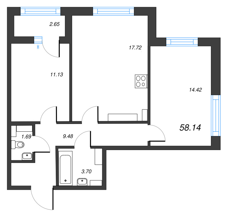 3-комнатная (Евро) квартира, 58.14 м² - планировка, фото №1