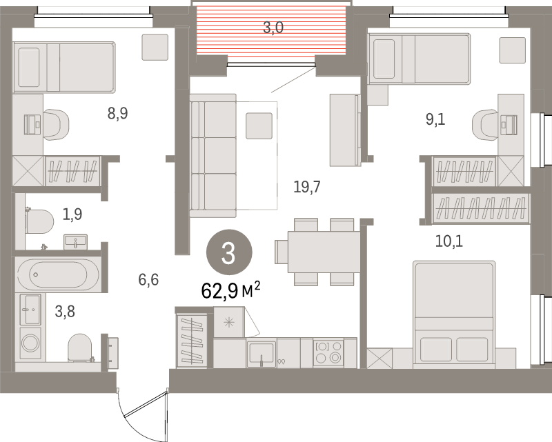 4-комнатная (Евро) квартира, 62.1 м² в ЖК "Северный ветер" - планировка, фото №1