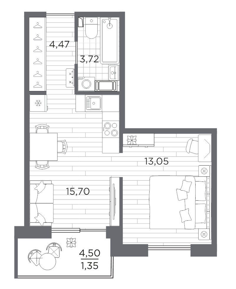 2-комнатная (Евро) квартира, 38.29 м² в ЖК "Сезоны" - планировка, фото №1