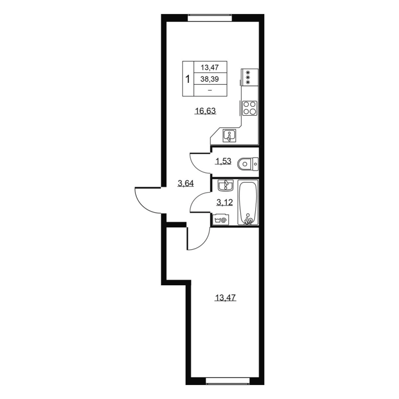 2-комнатная (Евро) квартира, 38.39 м² в ЖК "Пулковское, 34" - планировка, фото №1