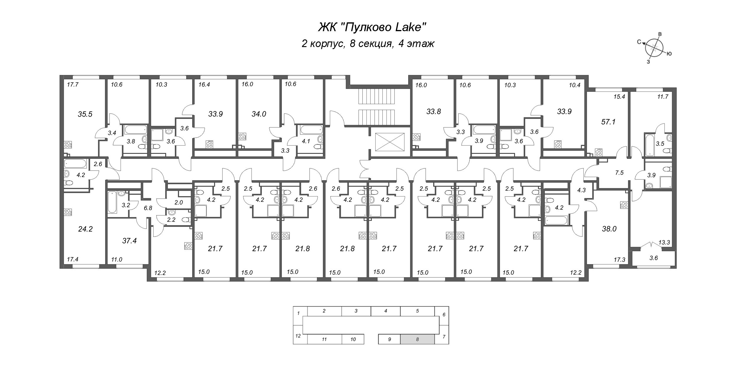 1-комнатная квартира, 37.4 м² в ЖК "Пулково Лейк" - планировка этажа