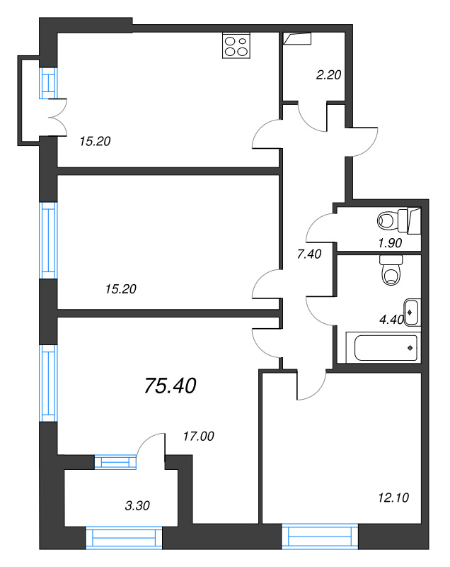 4-комнатная (Евро) квартира, 75.4 м² - планировка, фото №1