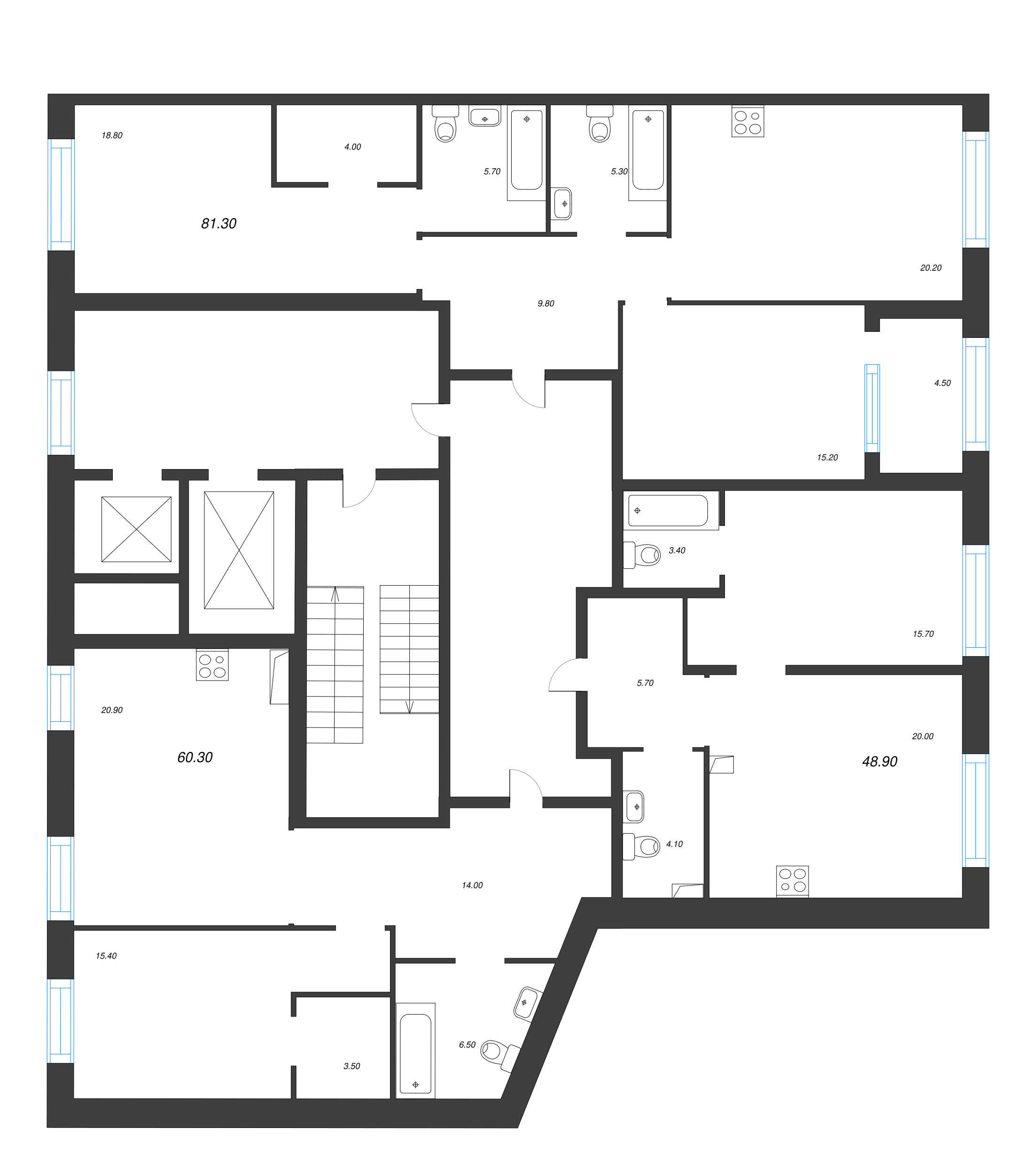 2-комнатная (Евро) квартира, 48.9 м² в ЖК "ЛДМ" - планировка этажа