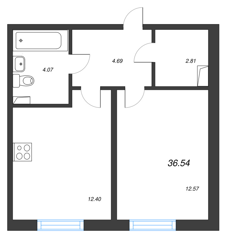 1-комнатная квартира, 36.54 м² в ЖК "Кинопарк" - планировка, фото №1