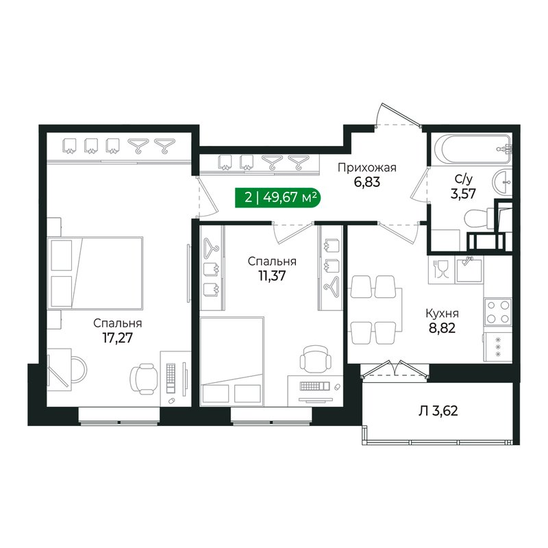 2-комнатная квартира, 47.7 м² в ЖК "Сертолово Парк" - планировка, фото №1