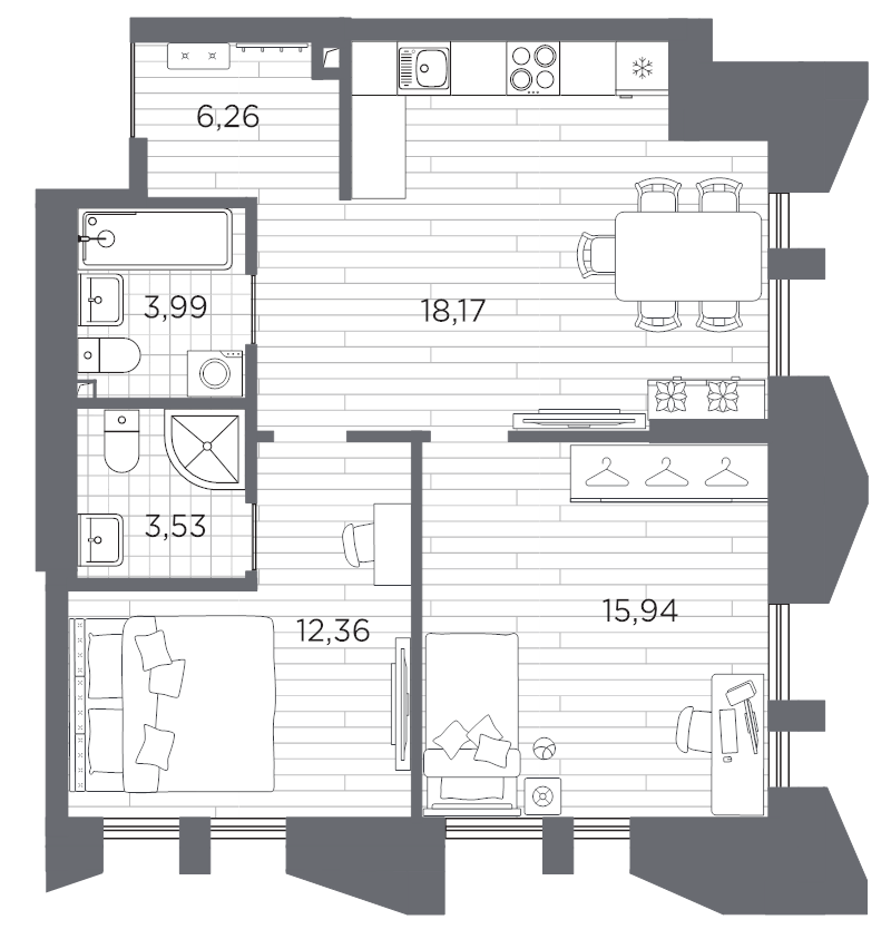 3-комнатная (Евро) квартира, 60.25 м² в ЖК "Галерная гавань" - планировка, фото №1