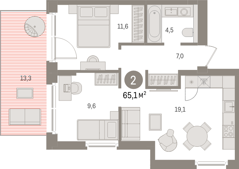 3-комнатная (Евро) квартира, 65.1 м² в ЖК "Брусника в Новоселье" - планировка, фото №1