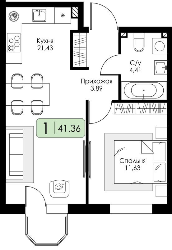 2-комнатная (Евро) квартира, 41.36 м² в ЖК "Всевгород" - планировка, фото №1