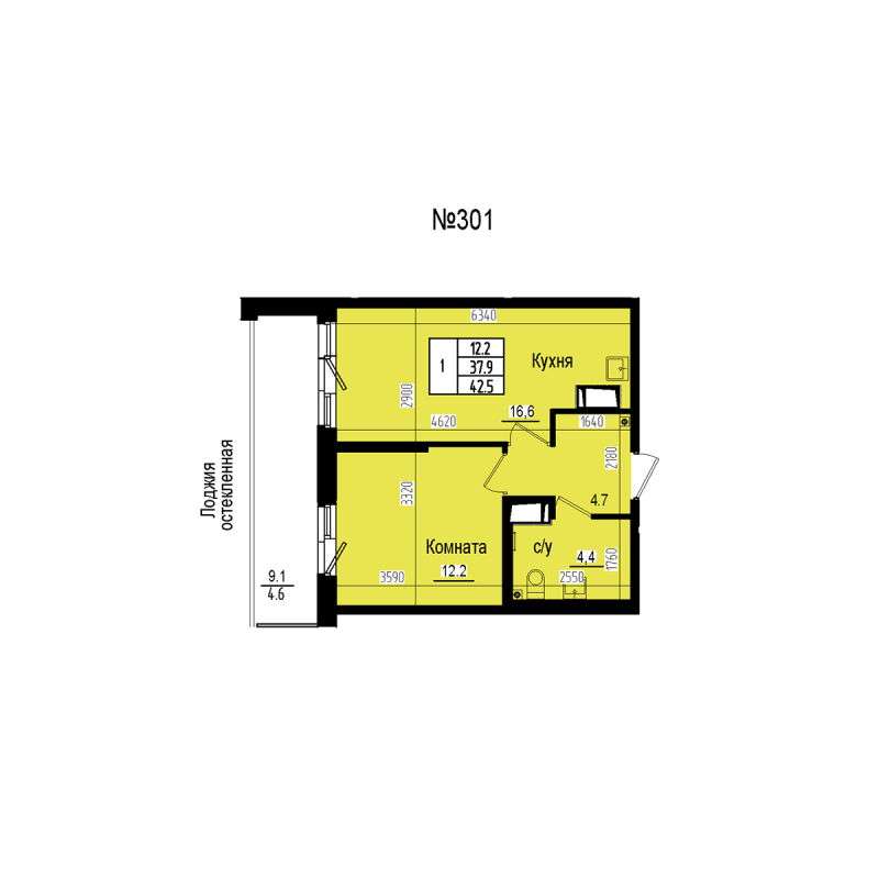 2-комнатная (Евро) квартира, 42.5 м² в ЖК "ПРАГМА СИТИ" - планировка, фото №1