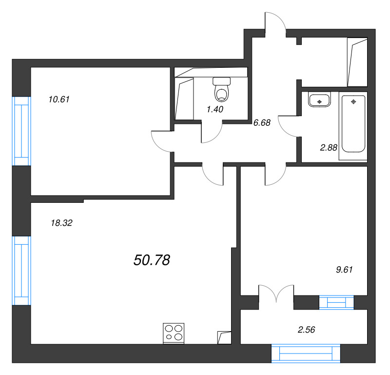 3-комнатная (Евро) квартира, 50.78 м² в ЖК "Цивилизация на неве" - планировка, фото №1