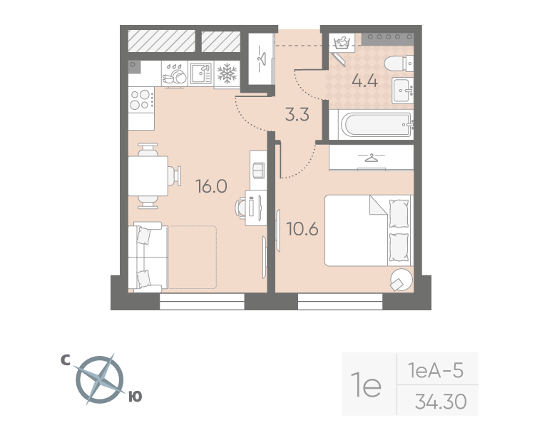 1-комнатная квартира, 34.3 м² в ЖК "Пулково Lake" - планировка, фото №1