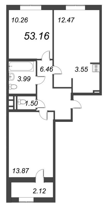 3-комнатная (Евро) квартира, 53.16 м² - планировка, фото №1