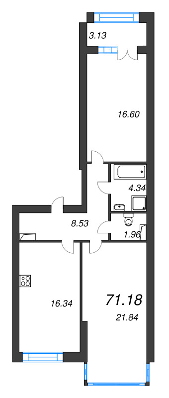 3-комнатная (Евро) квартира, 75.7 м² в ЖК "Наука" - планировка, фото №1