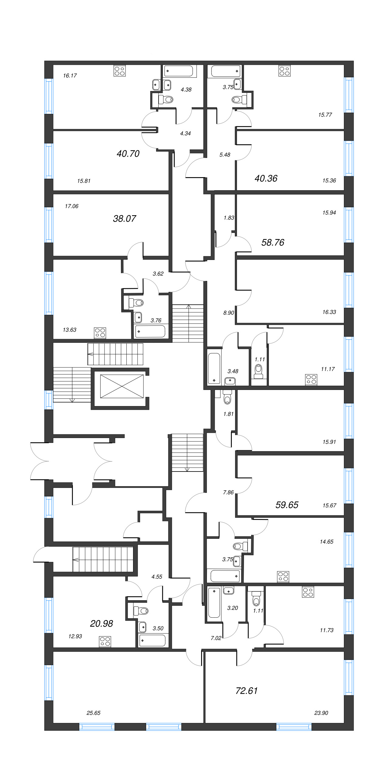 2-комнатная (Евро) квартира, 40.7 м² - планировка этажа