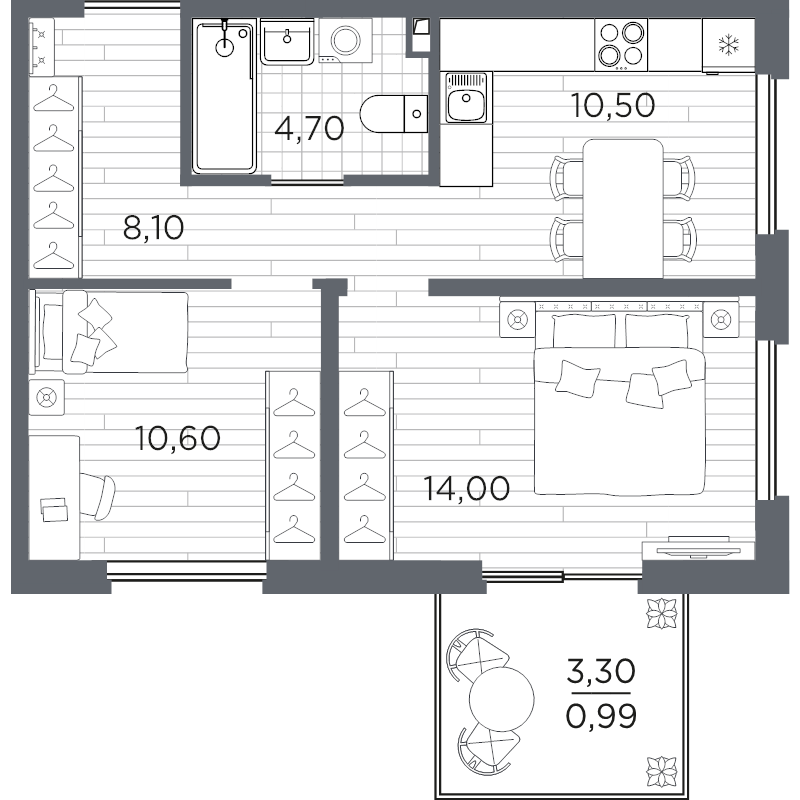 2-комнатная квартира, 48.89 м² в ЖК "PLUS Пулковский" - планировка, фото №1