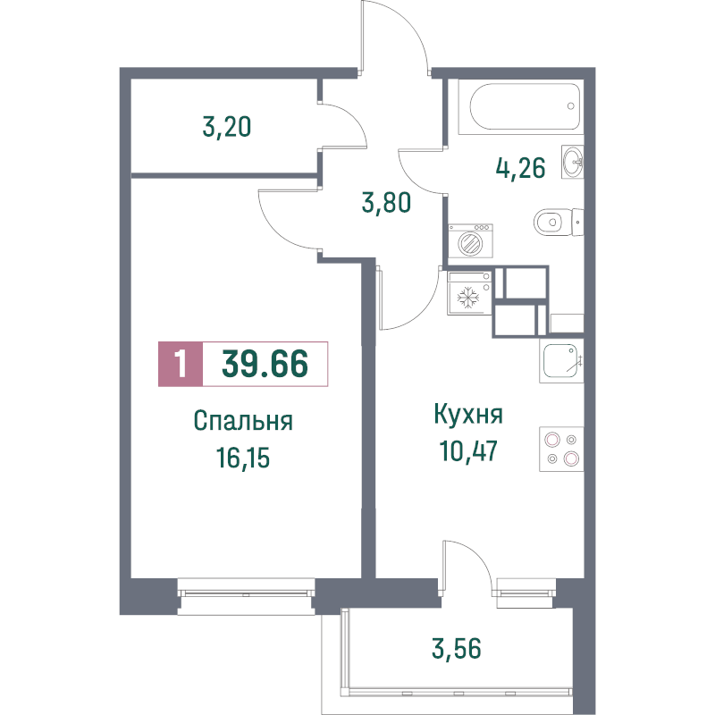 1-комнатная квартира, 39.66 м² в ЖК "Фотограф" - планировка, фото №1