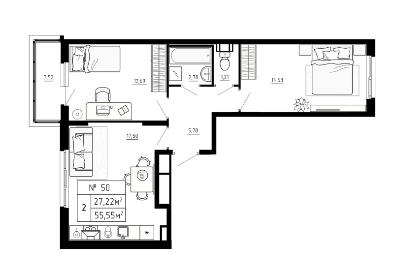 3-комнатная (Евро) квартира, 55.55 м² - планировка, фото №1