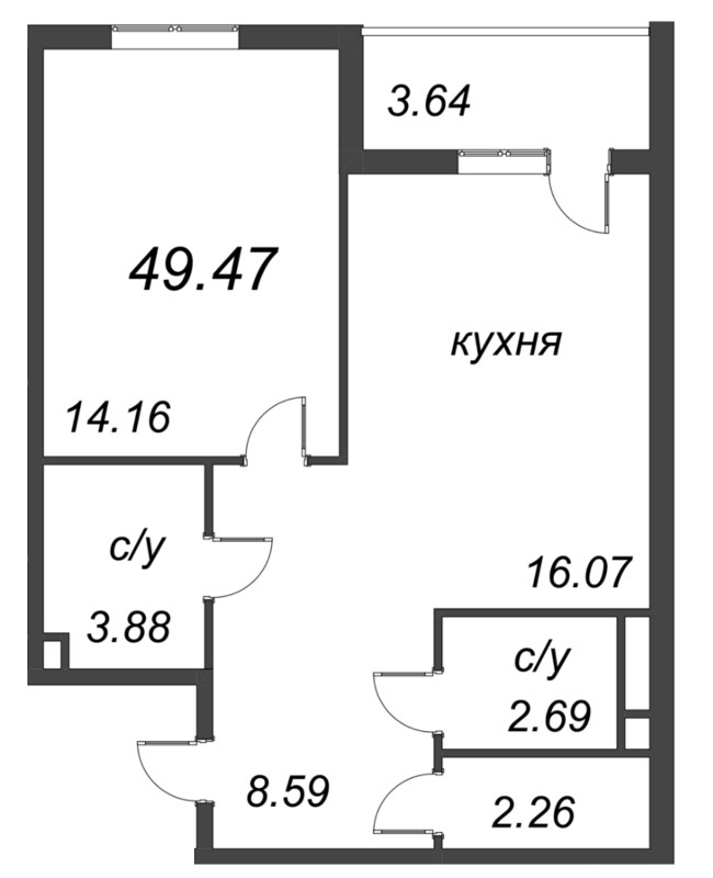 2-комнатная (Евро) квартира, 49.47 м² в ЖК "Энфилд" - планировка, фото №1