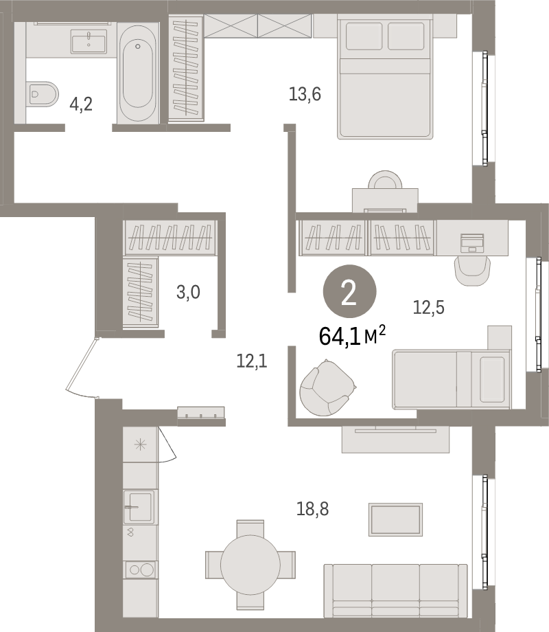 3-комнатная (Евро) квартира, 64.1 м² в ЖК "Брусника в Новоселье" - планировка, фото №1