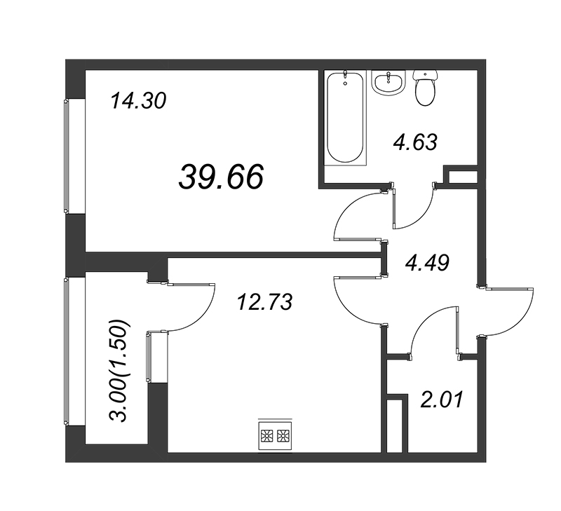 1-комнатная квартира, 39.7 м² - планировка, фото №1