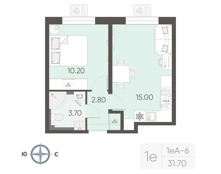 2-комнатная (Евро) квартира, 31.7 м² в ЖК "Зеркальный ручей" - планировка, фото №1