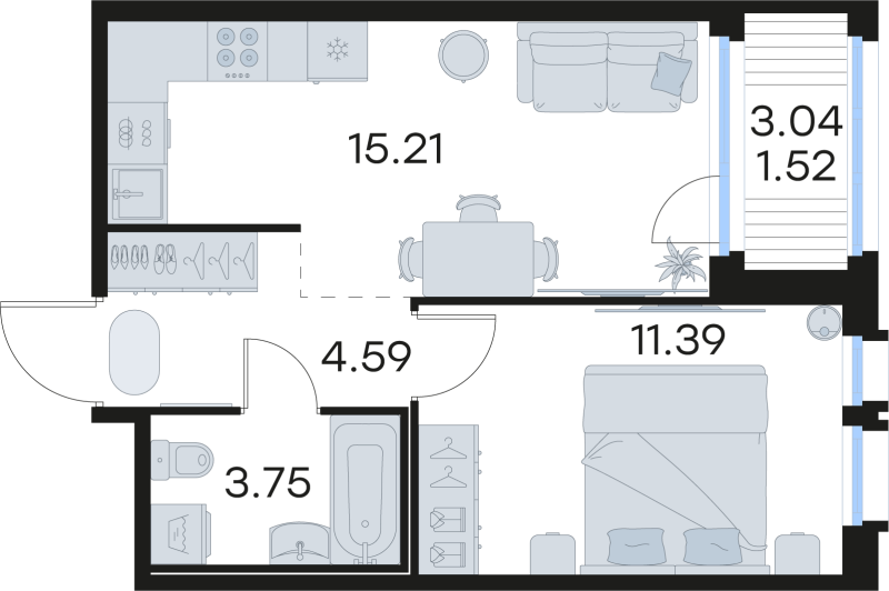 2-комнатная (Евро) квартира, 36.46 м² в ЖК "GloraX Парголово" - планировка, фото №1