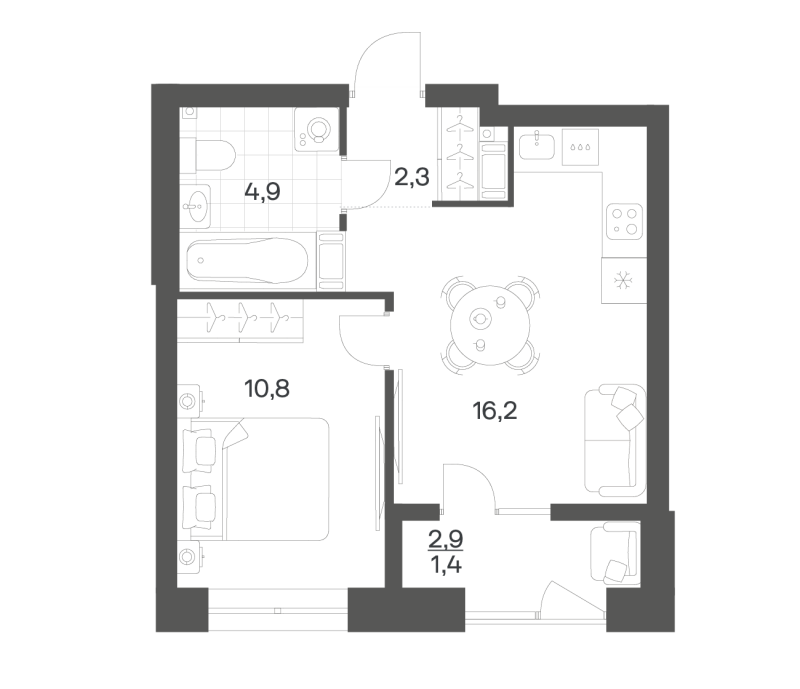 2-комнатная (Евро) квартира, 35.57 м² в ЖК "Новый Питер" - планировка, фото №1