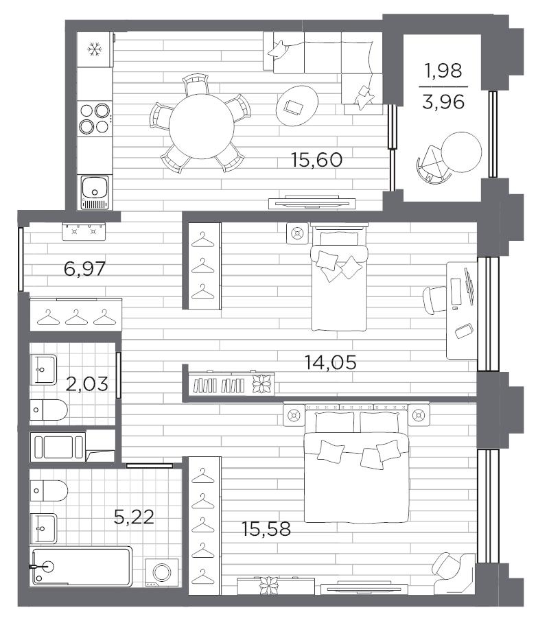 3-комнатная (Евро) квартира, 61.43 м² в ЖК "Ассамблея" - планировка, фото №1