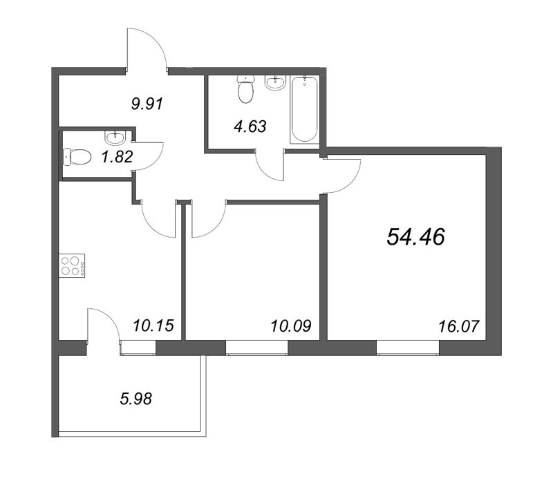 2-комнатная квартира, 52.67 м² - планировка, фото №1