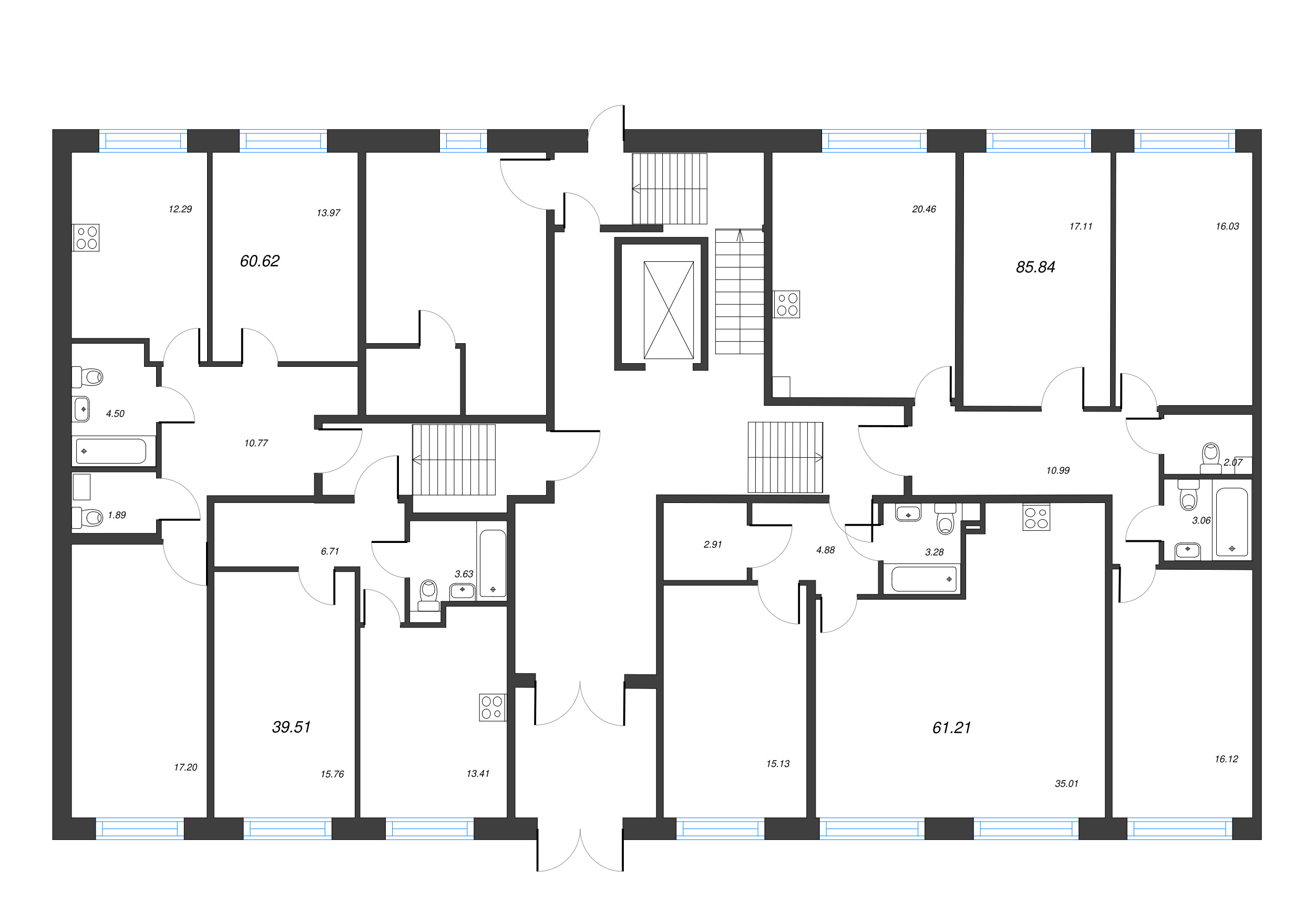 2-комнатная квартира, 60.62 м² - планировка этажа