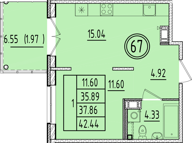 2-комнатная (Евро) квартира, 35.89 м² в ЖК "Образцовый квартал 6.4" - планировка, фото №1